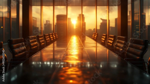 Fototapeta Empty Meeting Room with City Skyline and Sunset