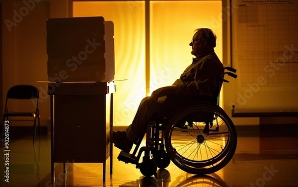 Fototapeta Empowering Inclusivity: Man in Wheelchair Voting at Accessible Booth with Respectful Photojournalistic Approach under Bright Lights
