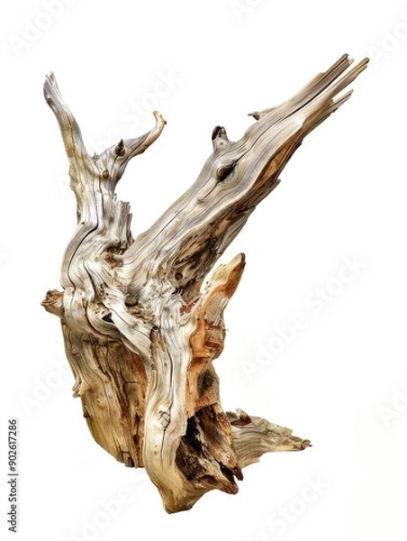 Fototapeta A large piece of driftwood is shown on a white background. The driftwood is long and thin, with a few small branches sticking out of it. The image has a natural and rustic feel