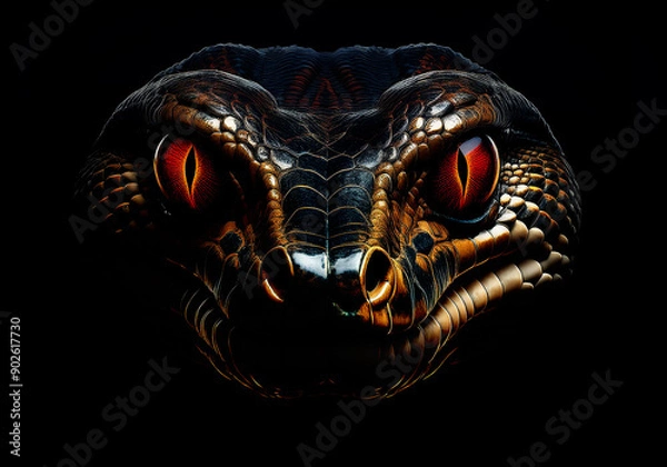 Fototapeta anaconda face with shiny red eye isolated on black background