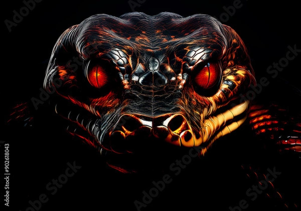 Fototapeta anaconda face with shiny red eye isolated on black background