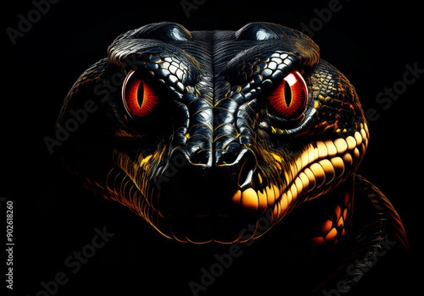 Fototapeta anaconda face with shiny red eye isolated on black background