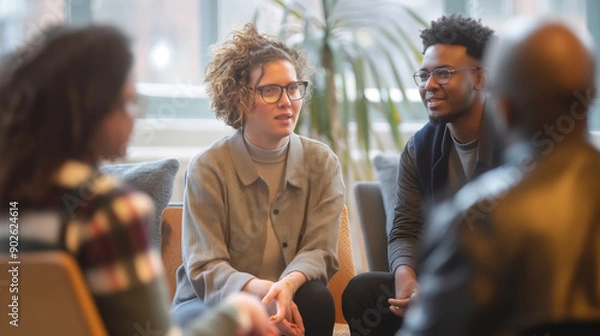 Fototapeta A natural, candid shot of a diverse group engaged in a workplace discussion about psychological safety and encouraging authentic expression