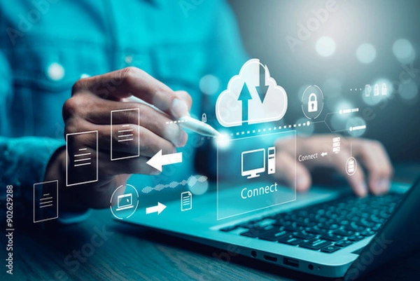 Obraz Business people using laptop with cloud computing system , Storage and data transfer Cloud network, Cloud technology. Networking and internet service, sharing download and upload and internet service