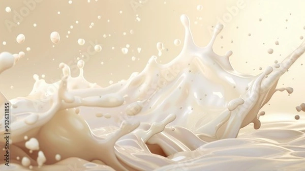 Fototapeta A splash of milk is shown in a white background. The splash is large and covers a significant portion of the image. The milk appears to be white and creamy