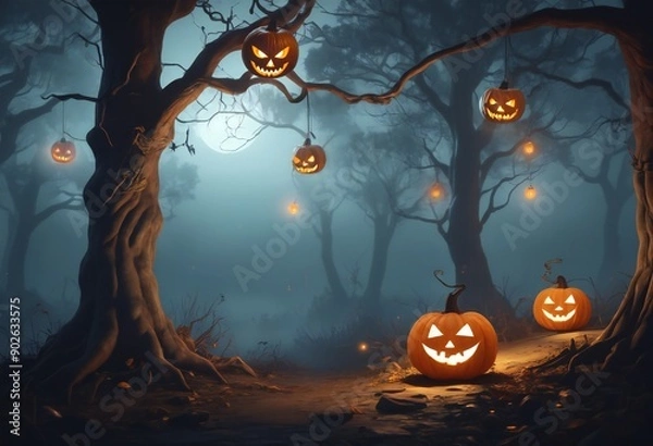 Fototapeta Lanterns in the shape of pumpkins hang on a tree, lighting the way in a dark forest on Halloween. Fog and light create a mystical atmosphere