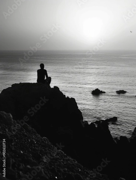 Fototapeta A person is sitting on a rock overlooking the ocean. The sky is dark and the water is calm