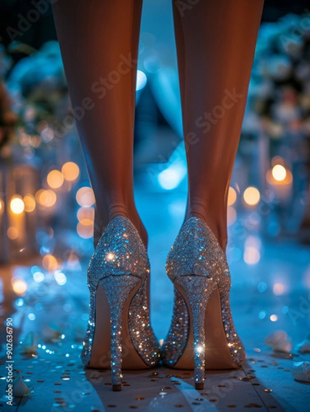 Fototapeta Close-up of glittering high heels at a dimly-lit, elegant event.