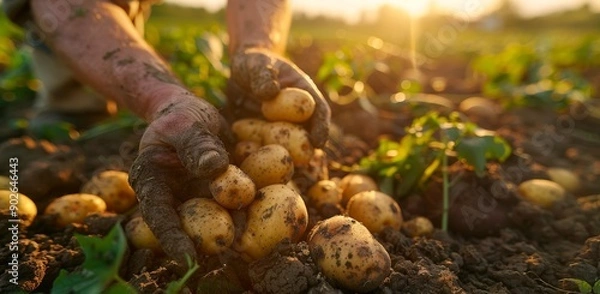 Obraz Farmer's hands harvesting fresh potatoes from the soil in a vibrant field