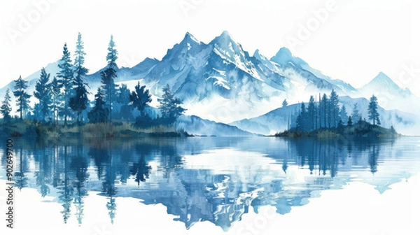 Fototapeta Serene mountain landscape with clear reflections on a tranquil lake, surrounded by evergreen trees and mist.