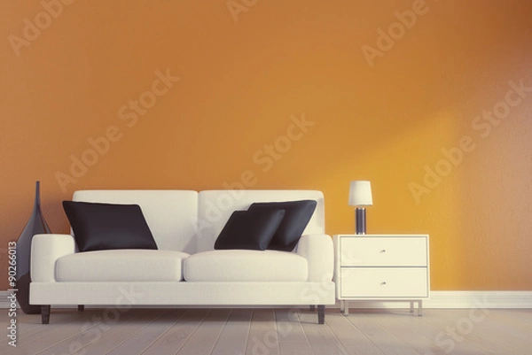 Fototapeta 3 D render of an simple interior with white sofa.