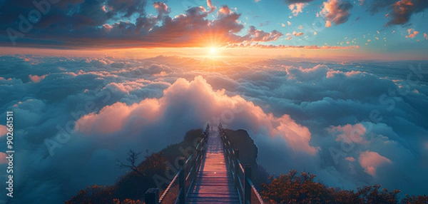 Fototapeta photo manipulation of a pier bridge above the clouds in landscape view