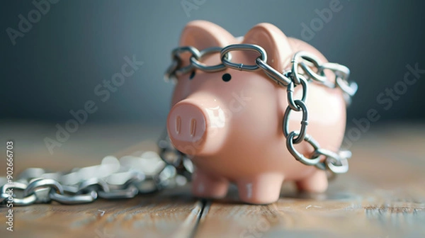 Fototapeta Heavy chain around a piggy bank, depicting financial debt constraint