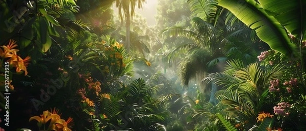 Fototapeta Lush rainforest scene illuminated by soft sunlight, rich in diverse green foliage and vibrant flowers, perfect for promoting travel, nature, or wellness,