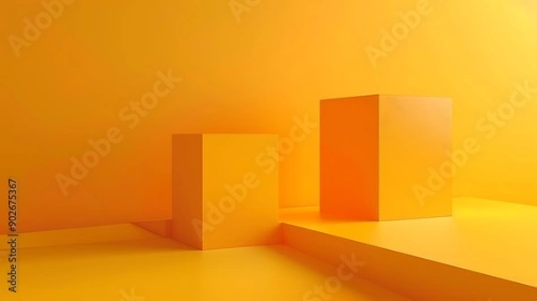 Fototapeta Two orange 3D cubes are arranged on a vibrant orange background, creating a minimalistic and bold geometric composition, perfect for use in modern design projects, advertisements