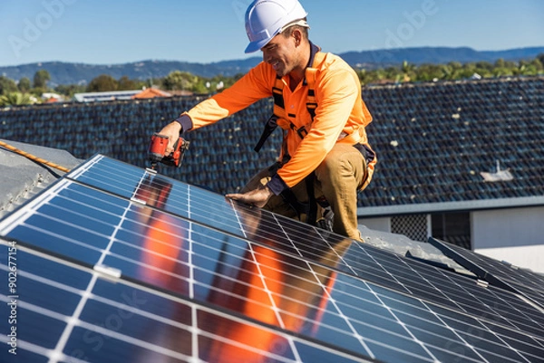 Obraz Solar panel technician with drill installing solar panels