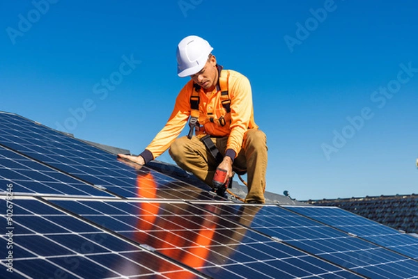 Obraz Solar panel technician with drill installing solar panels