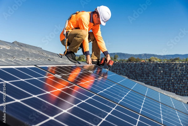 Obraz Solar panel technician with drill installing solar panels