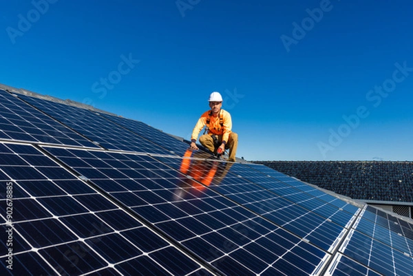 Obraz Solar panel technician with drill installing solar panels