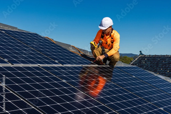 Obraz Solar panel technician with power meter and solar panels