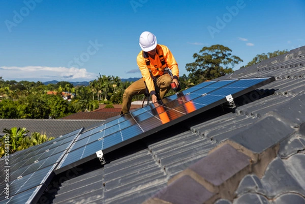 Obraz Solar panel technician with drill installing solar panels