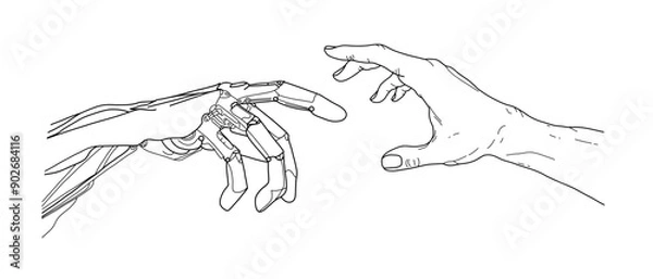 Obraz Robot hand touch human sketch. Technology artificial arm of future touching human arm line art. Digital computer creation concept. Science tech vector illustration in black outline style