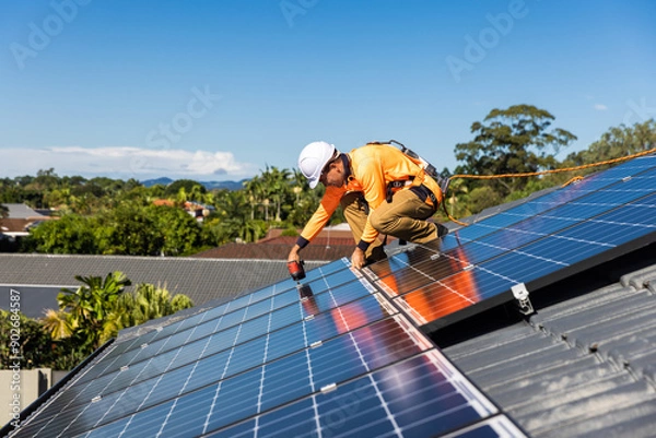 Obraz Solar panel technician with drill installing solar panels