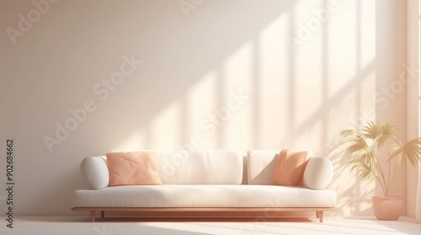 Obraz Modern minimalistic living room interior with peach color sofa and empty wall. Neural network ai generated art