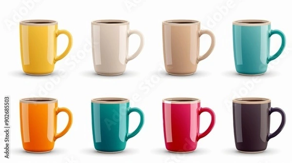 Fototapeta insulated coffee mug isolated on white background, Set of colored mugs, vector illustration, realistic mug design 