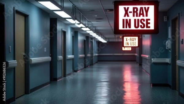 Obraz Hospital Corridor with X-Ray in Use Sign Illuminated
