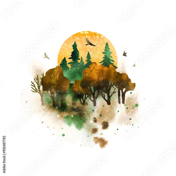 Fototapeta Autumn vector landscape with forest, sun and birds  isolated on white dackground. Morning haze in the forest. Watercolor nature hand drawn illustration with splashes