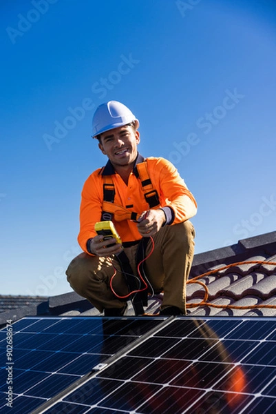 Obraz Solar panel technician with power meter and solar panels