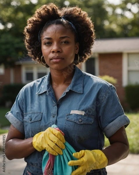 Obraz Woman with cleaning cloth and gloves outdoors
