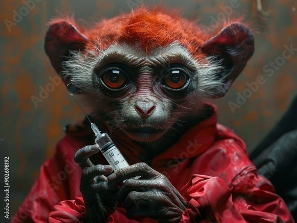Fototapeta A Colorful Anthropomorphic Creature Holding a Syringe in a Dimly Lit Environment