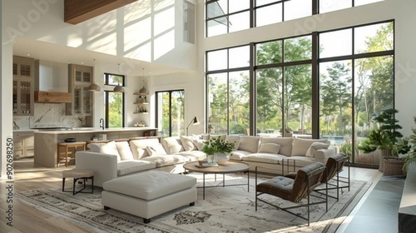 Fototapeta Envision a bright and airy living room with large windows, light colors, and comfortable seating.