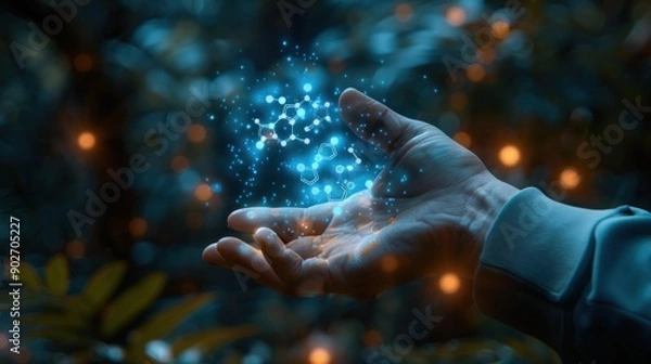 Obraz A 3d rendering of molecules abstraction hovering over a man's palm in blue light