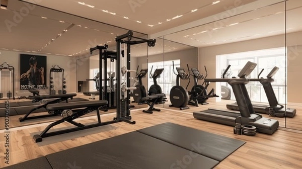 Fototapeta A stylish home gym with large mirrors