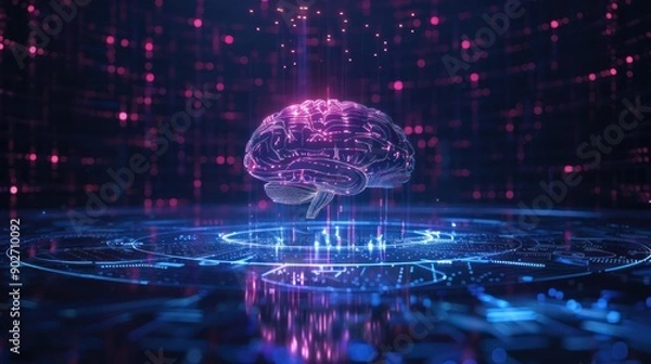 Fototapeta Futuristic AI brain model with holographic elements and data visualizations