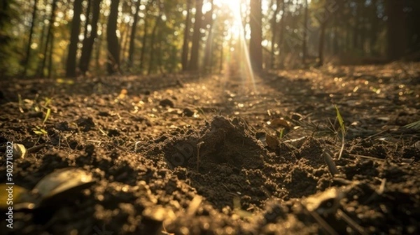Fototapeta Sun shining through trees in a forest, illuminating a molehill and the forest floor
