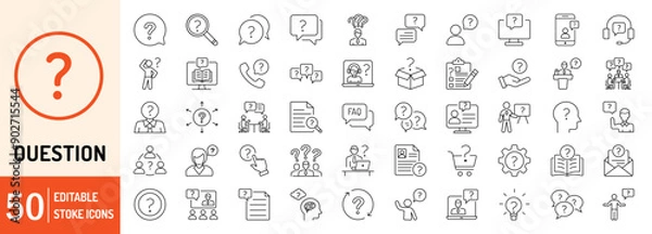Fototapeta Question editable stroke outline web icons set. Question, marks, help, speech, chat, ask, help, idea, business and problem. Vector illustration
