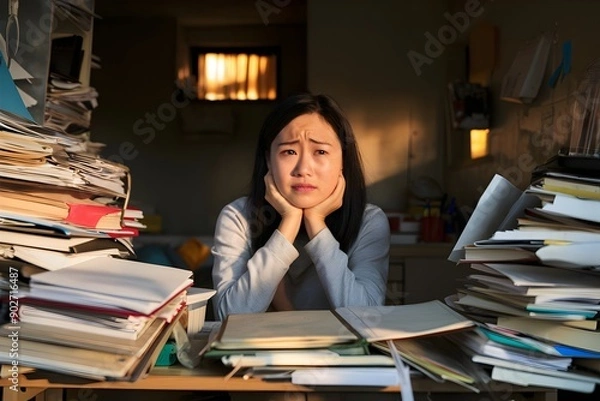 Fototapeta Asian woman or student with burnout face with stress of school homework disorganized books and documents