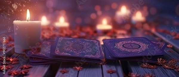 Fototapeta atmospheric mystical background with tarot cards, various elements of esotericism, magic, and witchcraft
