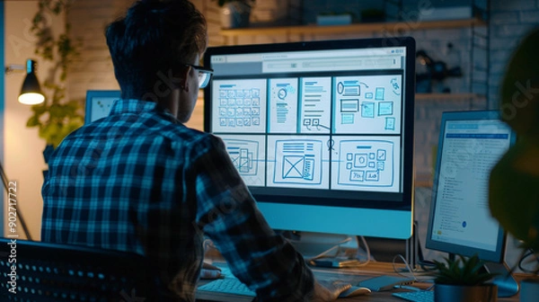 Obraz UX designer working on a wireframe on a large monitor