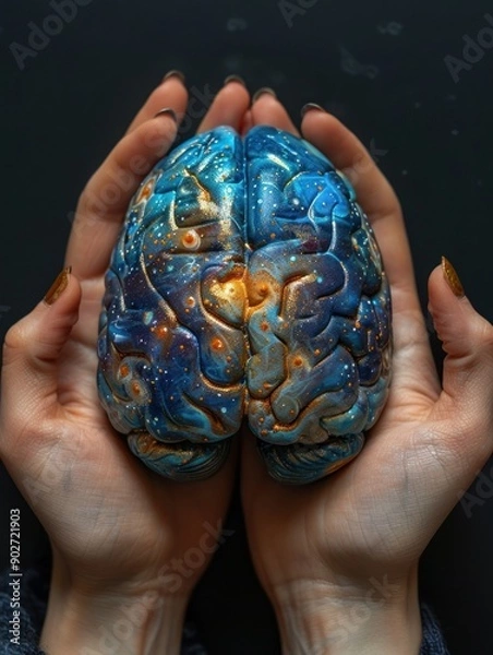 Obraz Hands holding a vibrant brain with cosmic details.