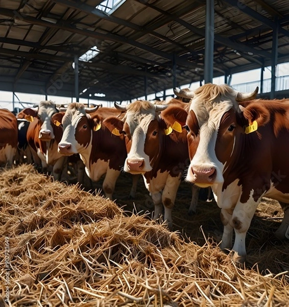 Obraz Group of cows at cowshed eating hay or fodder on dairy farm.