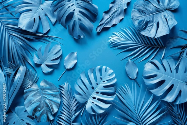 Fototapeta The image features various tropical leaves arranged on a blue background, all colored in shades of blue, creating a monochromatic and artistic look