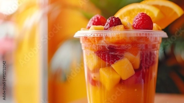 Fototapeta "Vibrant close-up of a fresh fruit smoothie in a clear container, great for healthy lifestyle and nutrition content"
