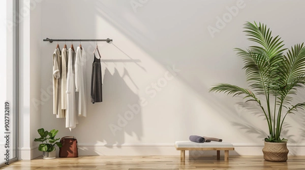 Fototapeta Modern wardrobe setup featuring neatly arranged clothing and accessories, showcasing a minimalistic and organized approach to wardrobe design with stylish storage solutions