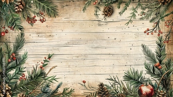 Fototapeta festive christmas banner, adorable christmas botanical doodle banner with pine branches, mistletoe, ornaments on rustic wood background hand-drawn and charming