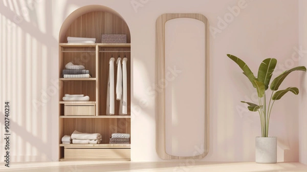 Fototapeta Modern wardrobe setup featuring neatly arranged clothing and accessories, showcasing a minimalistic and organized approach to wardrobe design with stylish storage solutions